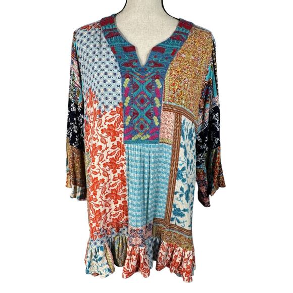 Calessa 2X-Large Tunic Top Embroidered Split V-Neck Floral Stretch 3/4 Sleeves - Picture 1 of 10